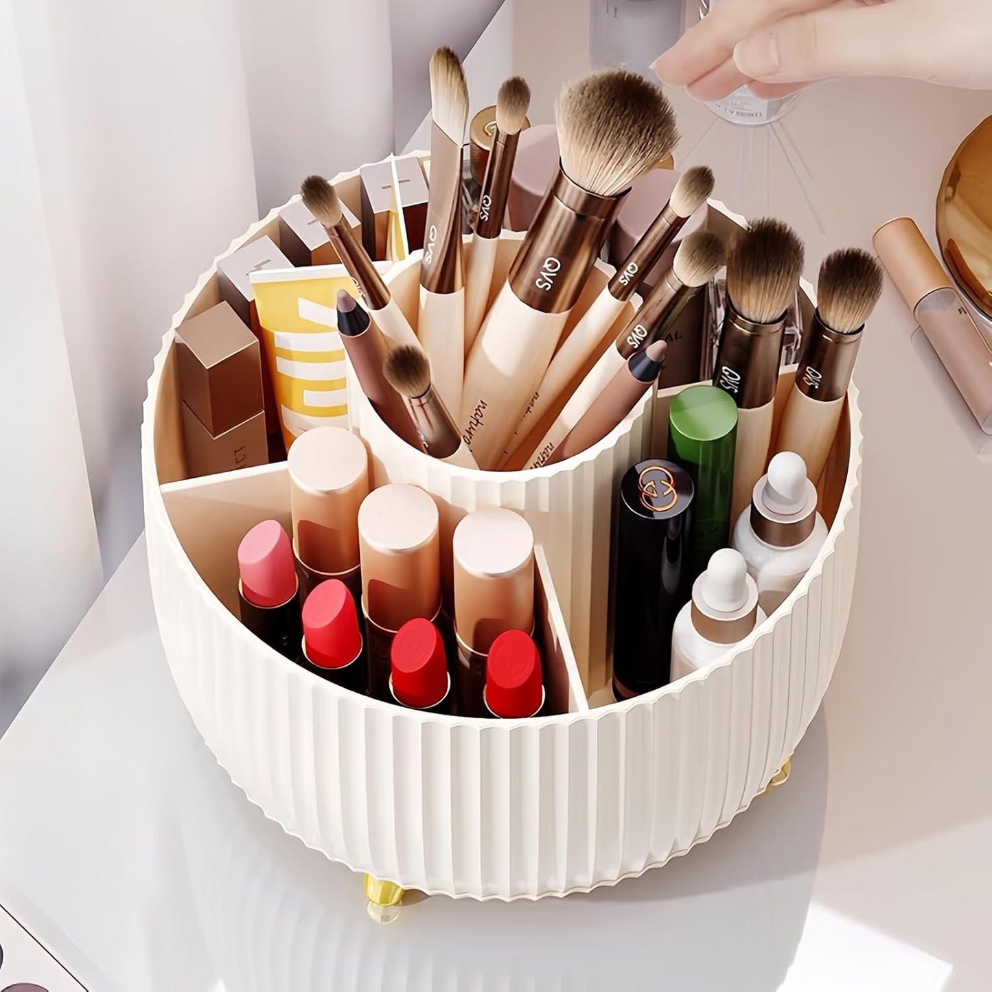 Ultimate 360° Rotating Makeup Organiser: Stylish Brush Holder with 5 Compartments for Effortless Storage & Accessibility in Cream White