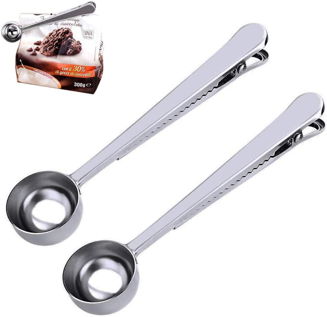 2PCS Coffee Scoop with Bag Clip, Stainless Steel Coffee Measuring Spoon Ground Coffee Sealer for cafetiere Ground Coffee and Beans(Silver+Rose Gold)
