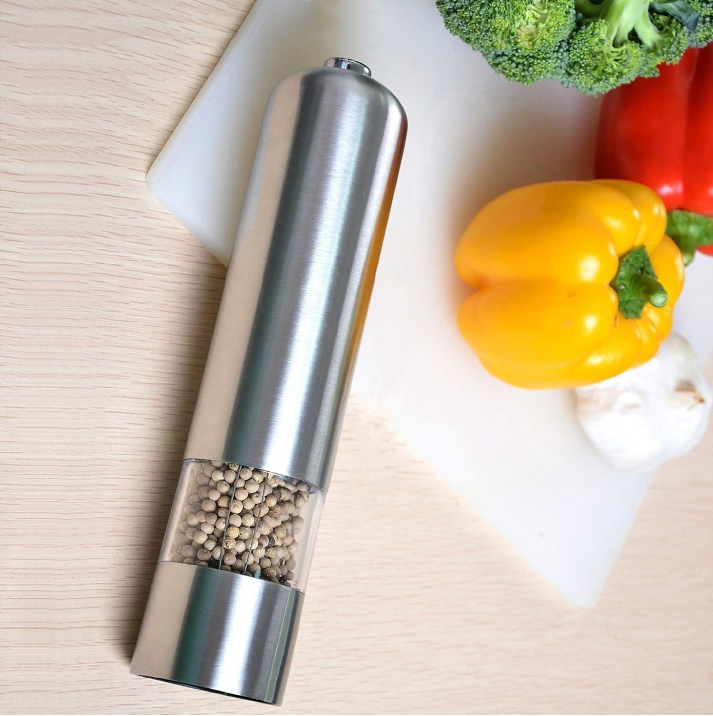 Silver Electric Salt & Pepper Grinder – One-Touch, Adjustable & Sleek