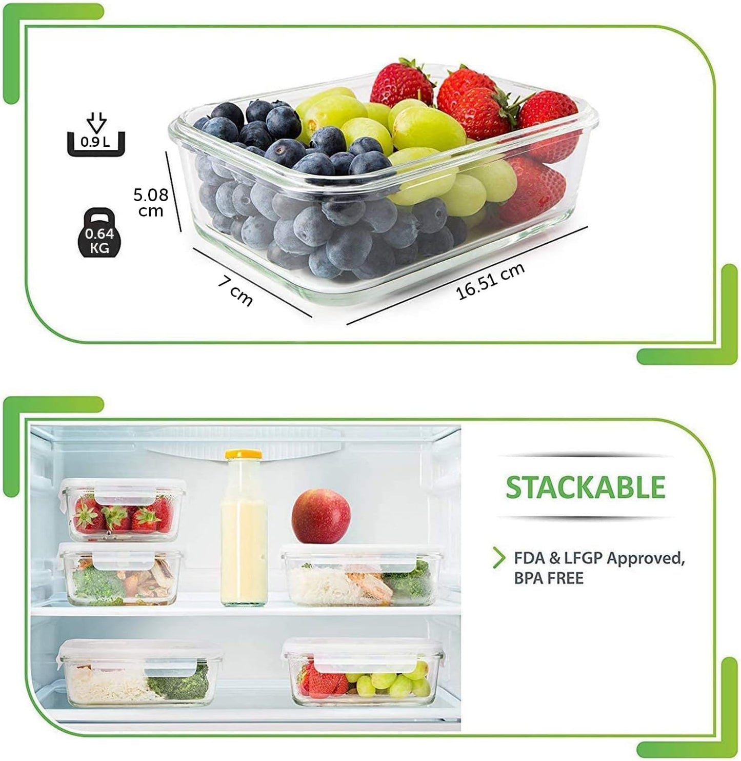 5-Pack Airtight Glass Meal Prep Containers – 880ml Reusable Food Storage with Lids