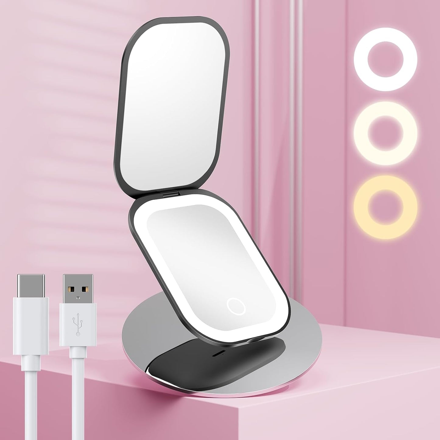 GlamLite Mini – Ultra Slim Folding Mirror with 3 Light Settings & 3X Magnifier