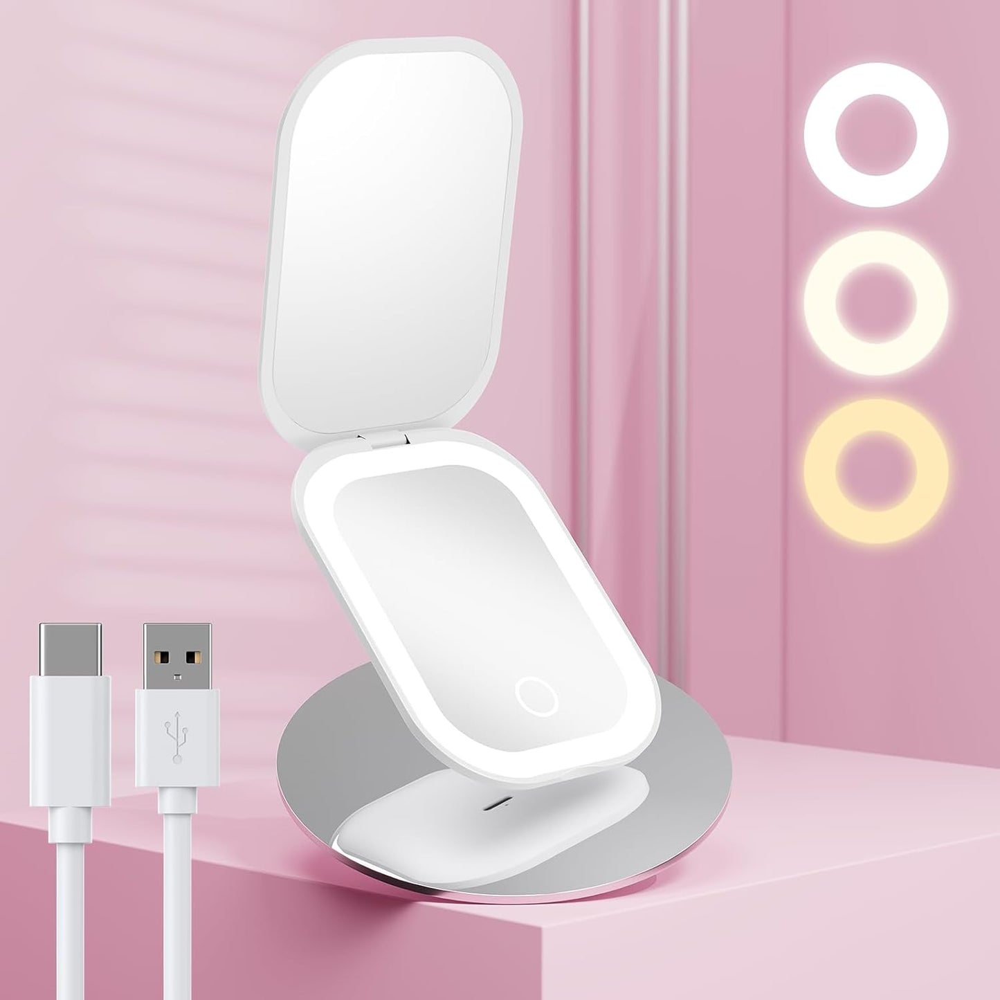 GlamLite Mini – Ultra Slim Folding Mirror with 3 Light Settings & 3X Magnifier