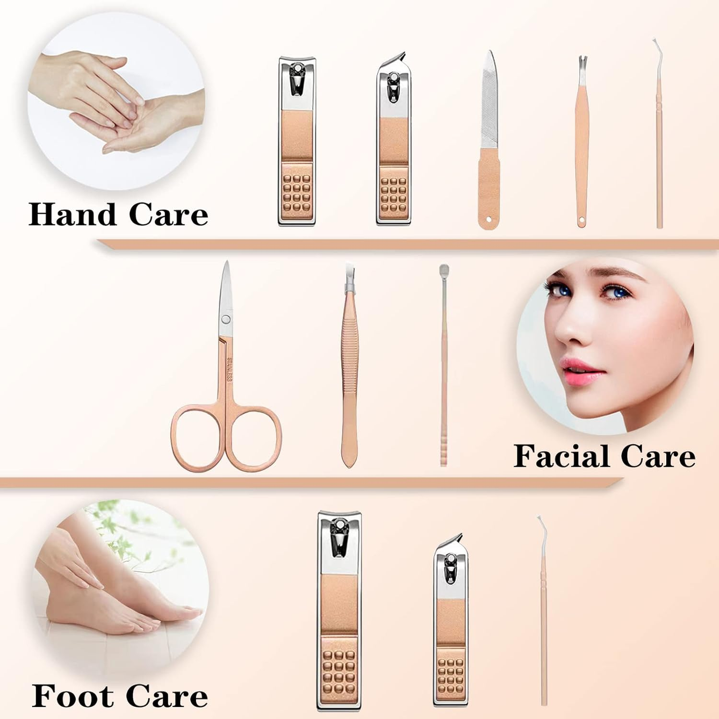 GlamTrim Essentials – 9-Piece Rose Gold Grooming Kit for Travel & Home