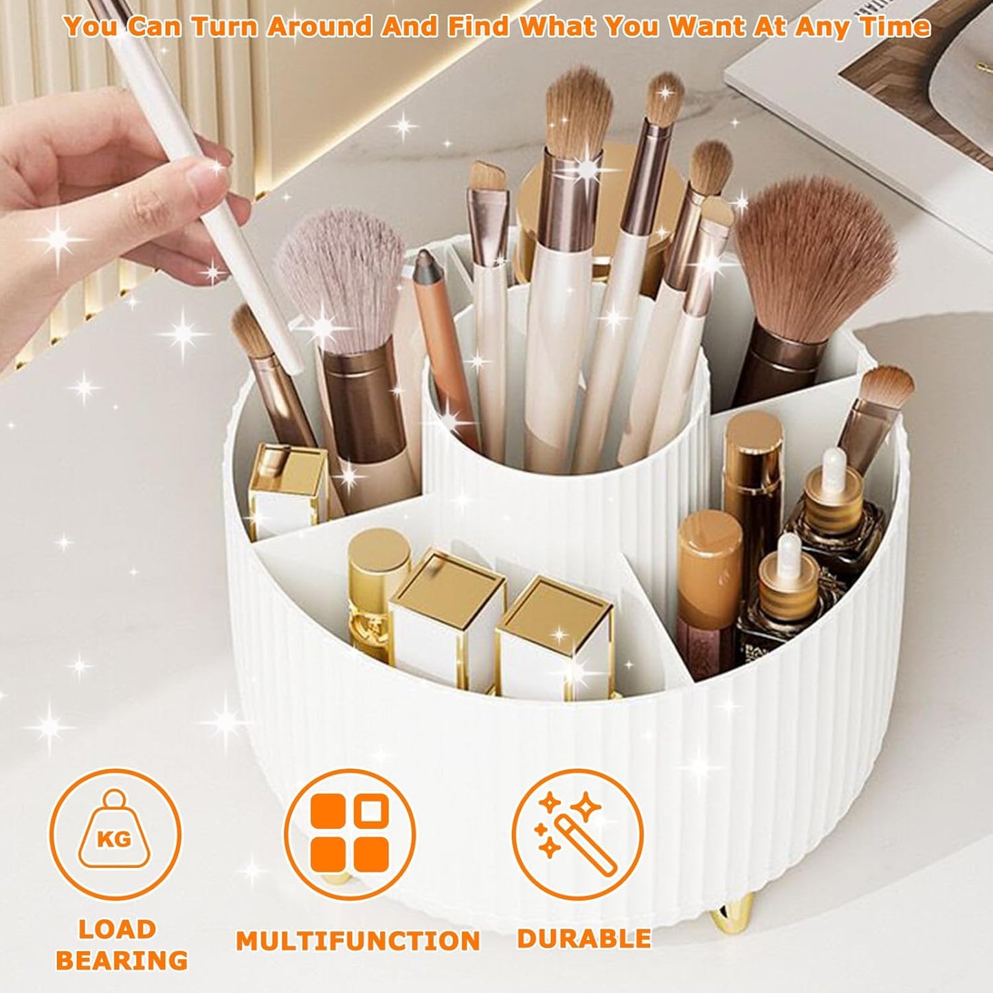 Ultimate 360° Rotating Makeup Organiser: Stylish Brush Holder with 5 Compartments for Effortless Storage & Accessibility in Cream White