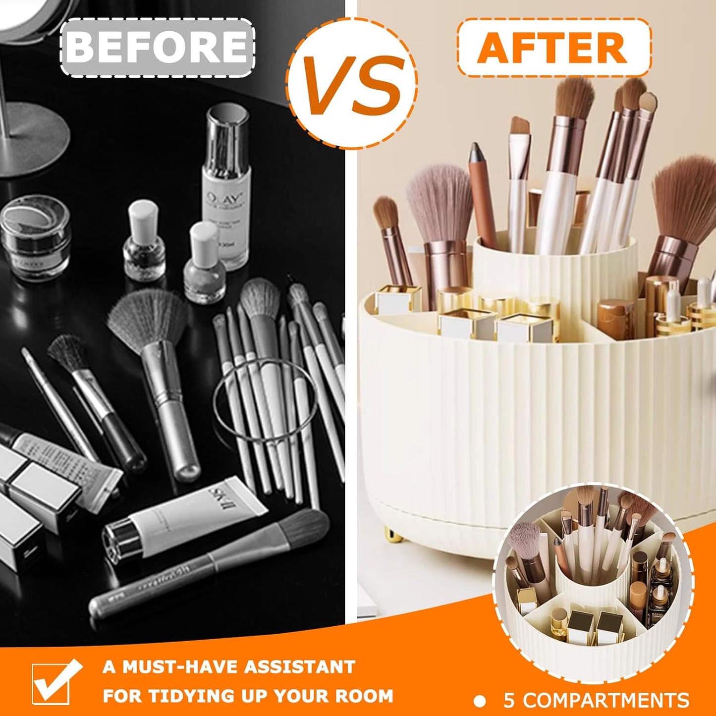 Ultimate 360° Rotating Makeup Organiser: Stylish Brush Holder with 5 Compartments for Effortless Storage & Accessibility in Cream White