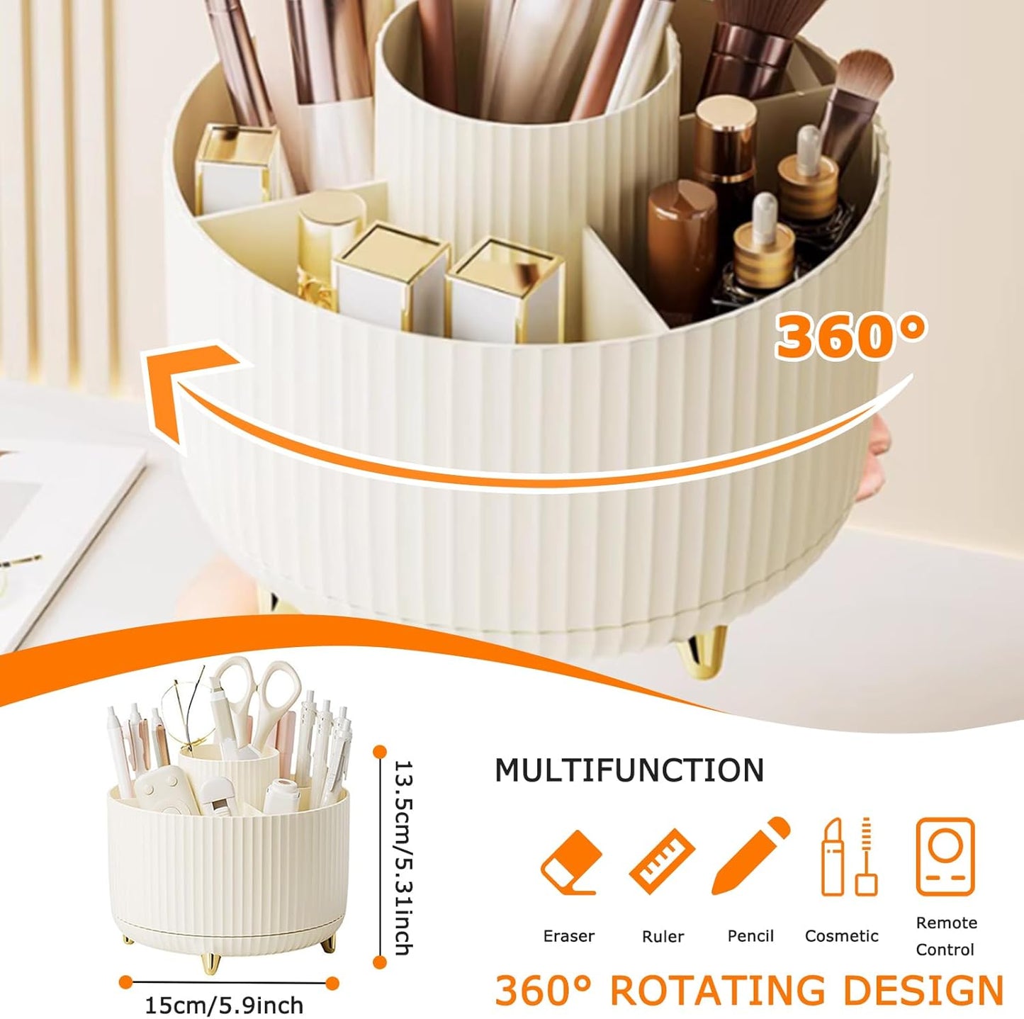 Ultimate 360° Rotating Makeup Organiser: Stylish Brush Holder with 5 Compartments for Effortless Storage & Accessibility in Cream White