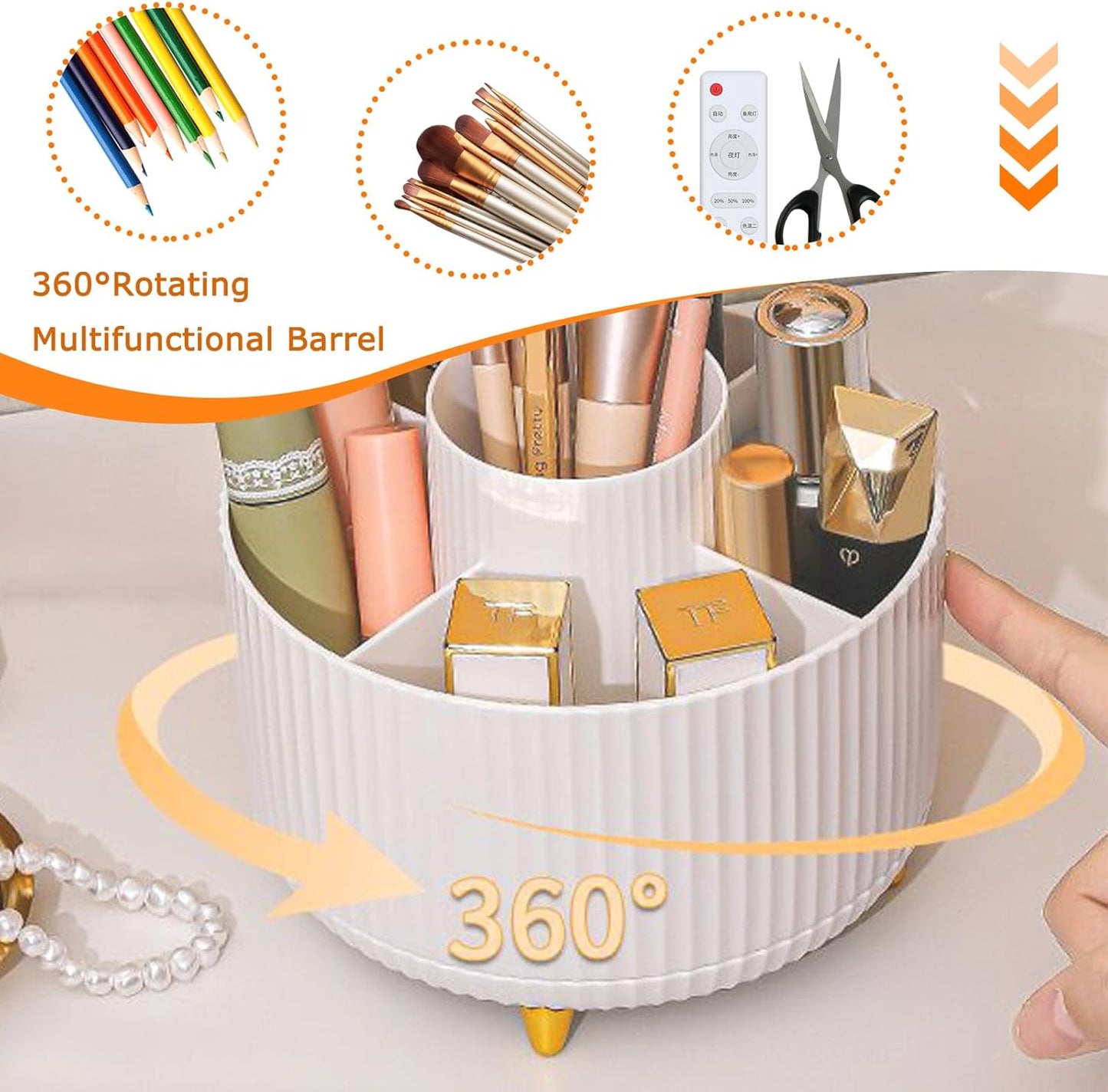 Ultimate 360° Rotating Makeup Organiser: Stylish Brush Holder with 5 Compartments for Effortless Storage & Accessibility in Cream White