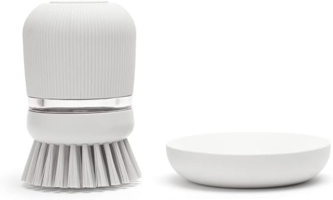 Palm Dish Brush with Soap Dispenser & Tray – Ergonomic Grip