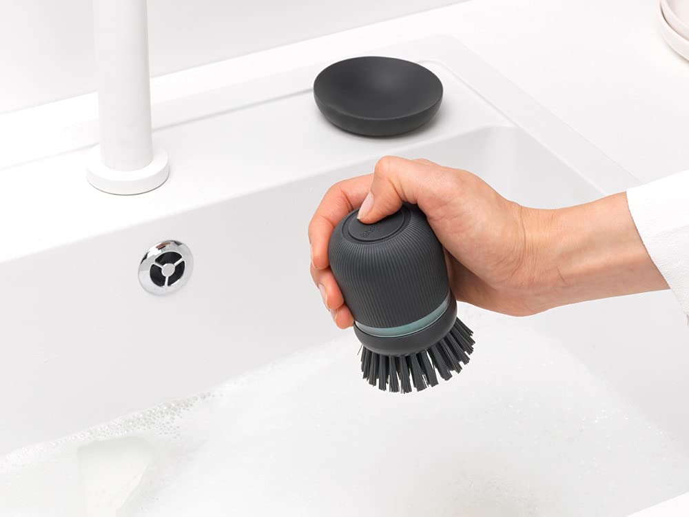 Palm Dish Brush with Soap Dispenser & Tray – Ergonomic Grip