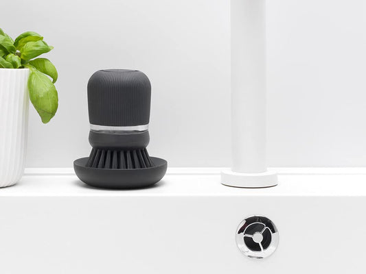 Palm Dish Brush with Soap Dispenser & Tray – Ergonomic Grip