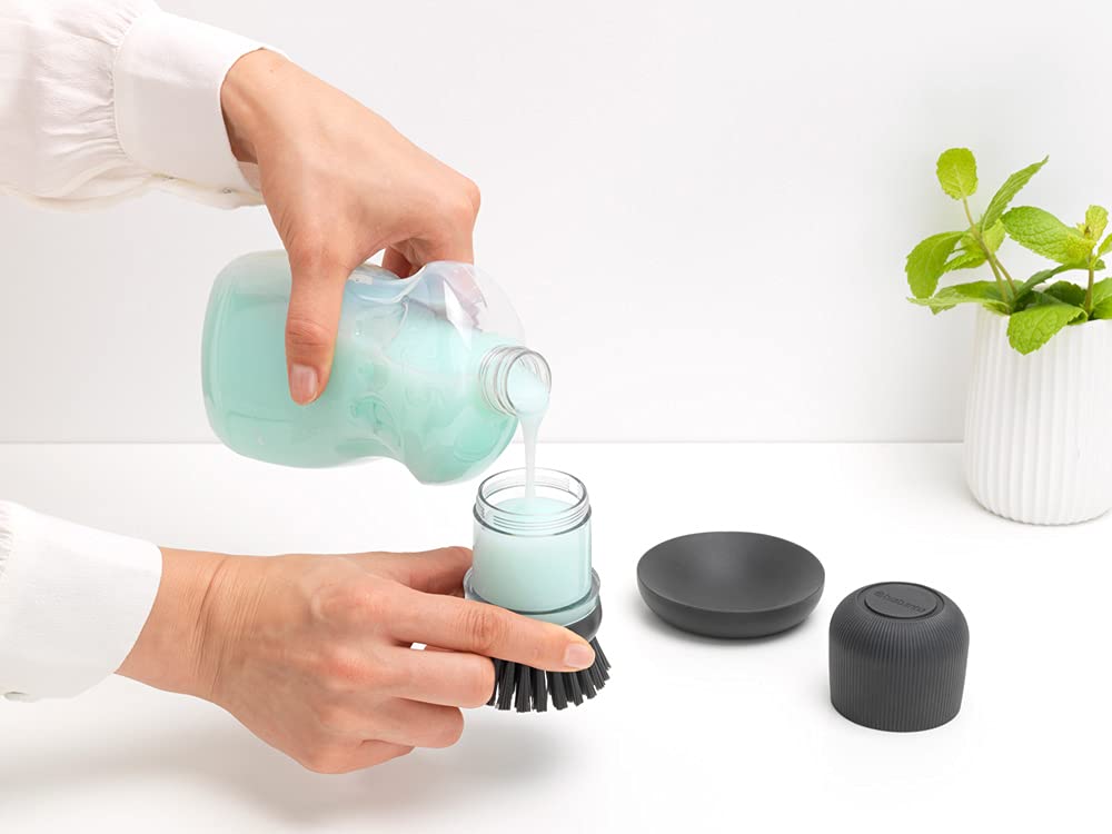 Palm Dish Brush with Soap Dispenser & Tray – Ergonomic Grip