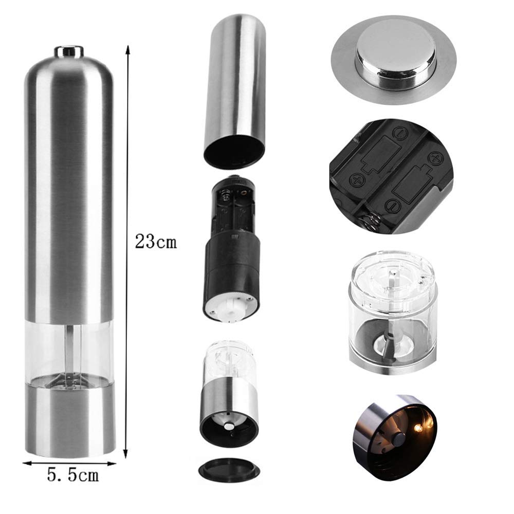 Silver Electric Salt & Pepper Grinder – One-Touch, Adjustable & Sleek