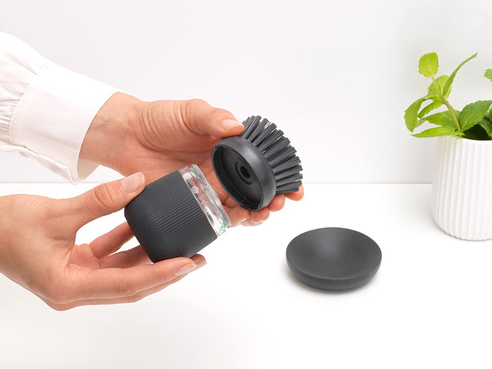 Palm Dish Brush with Soap Dispenser & Tray – Ergonomic Grip