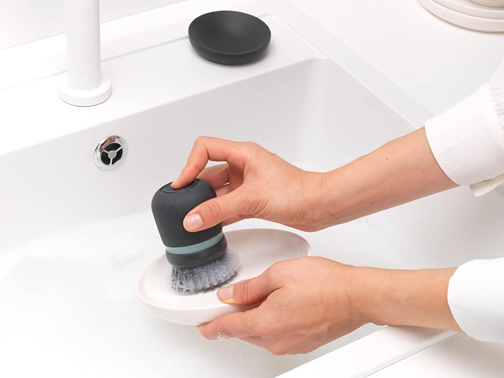 Palm Dish Brush with Soap Dispenser & Tray – Ergonomic Grip