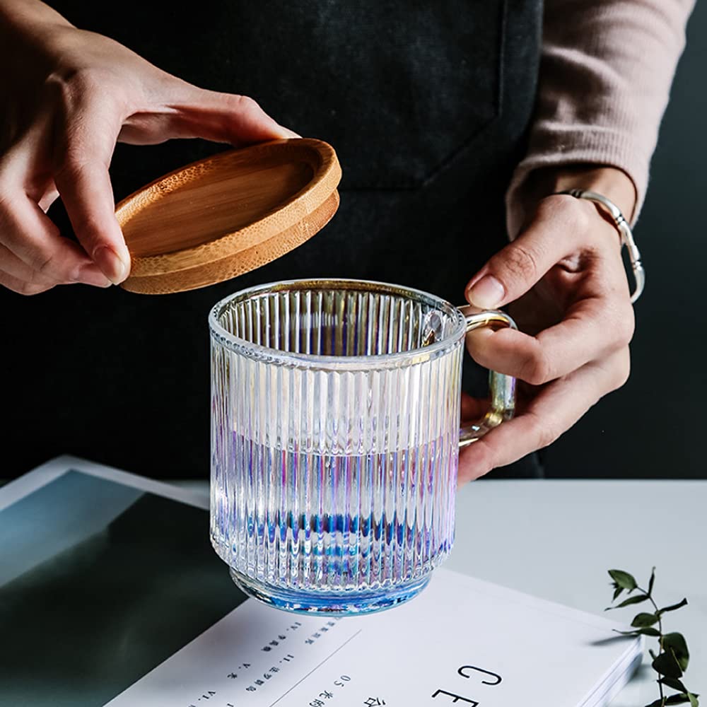 Iridescent Glass Cup Set – 350ml with Lid & Cherry Blossom Spoon