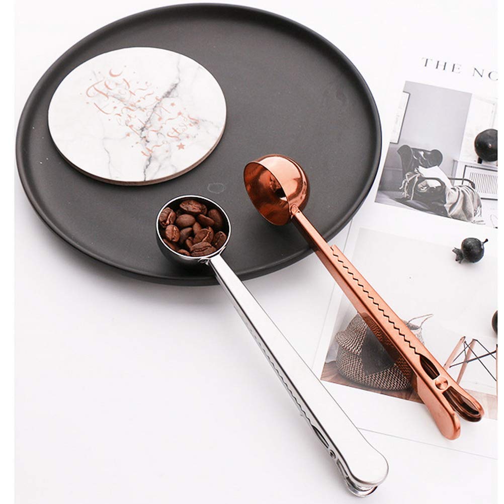 2PCS Coffee Scoop with Bag Clip, Stainless Steel Coffee Measuring Spoon Ground Coffee Sealer for cafetiere Ground Coffee and Beans(Silver+Rose Gold）