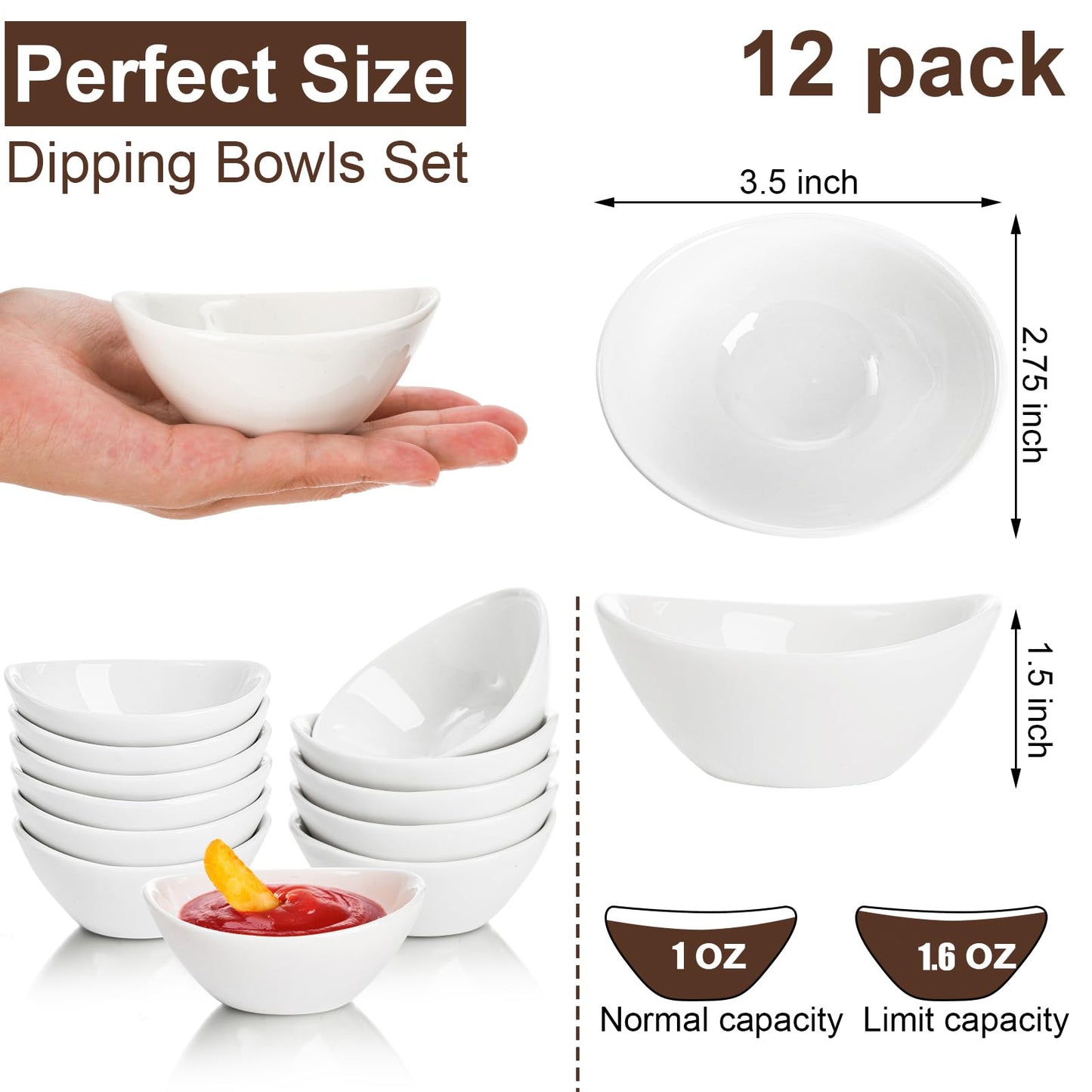 12-Pack Porcelain Dipping Bowls – White, 1 oz