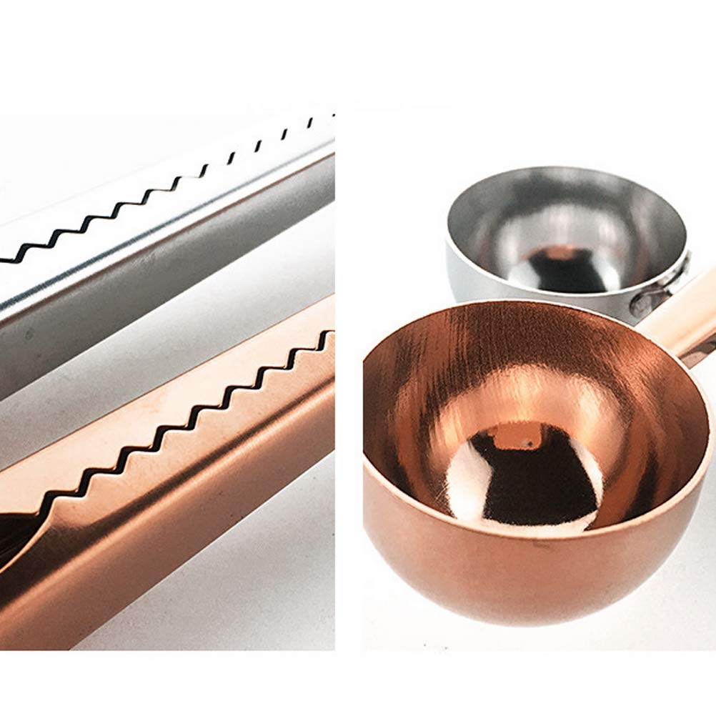 2PCS Coffee Scoop with Bag Clip, Stainless Steel Coffee Measuring Spoon Ground Coffee Sealer for cafetiere Ground Coffee and Beans(Silver+Rose Gold）