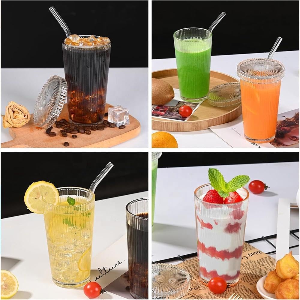 Ripple Glass Tumbler Set with Lids & Straws – 12.5oz (375ml)