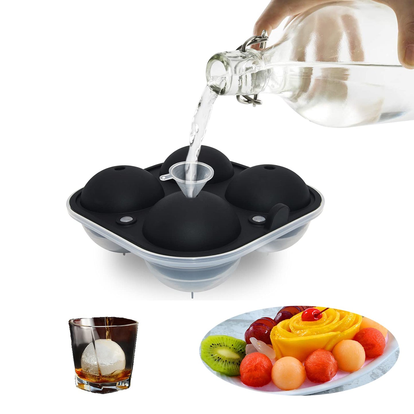 Large Round Ice Ball Mould – 4 x 6cm Spheres with Lid & Funnel (BPA-Free)