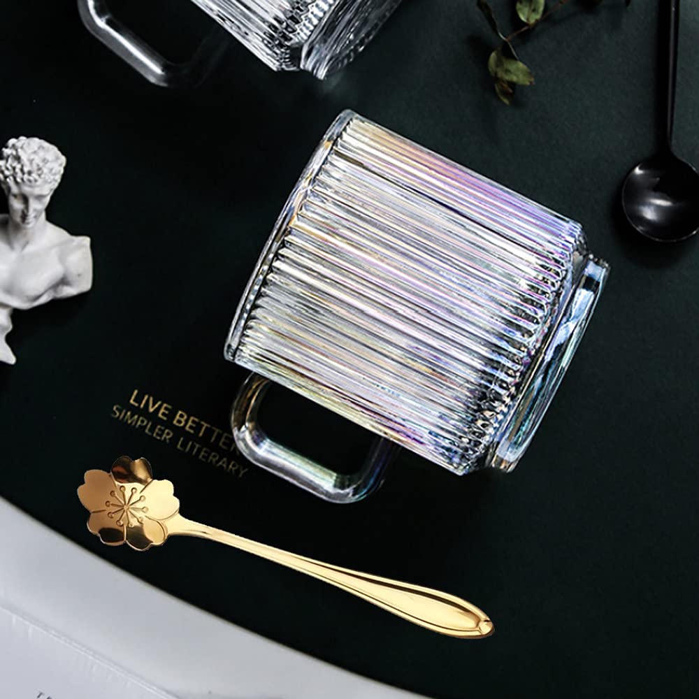 Iridescent Glass Cup Set – 350ml with Lid & Cherry Blossom Spoon