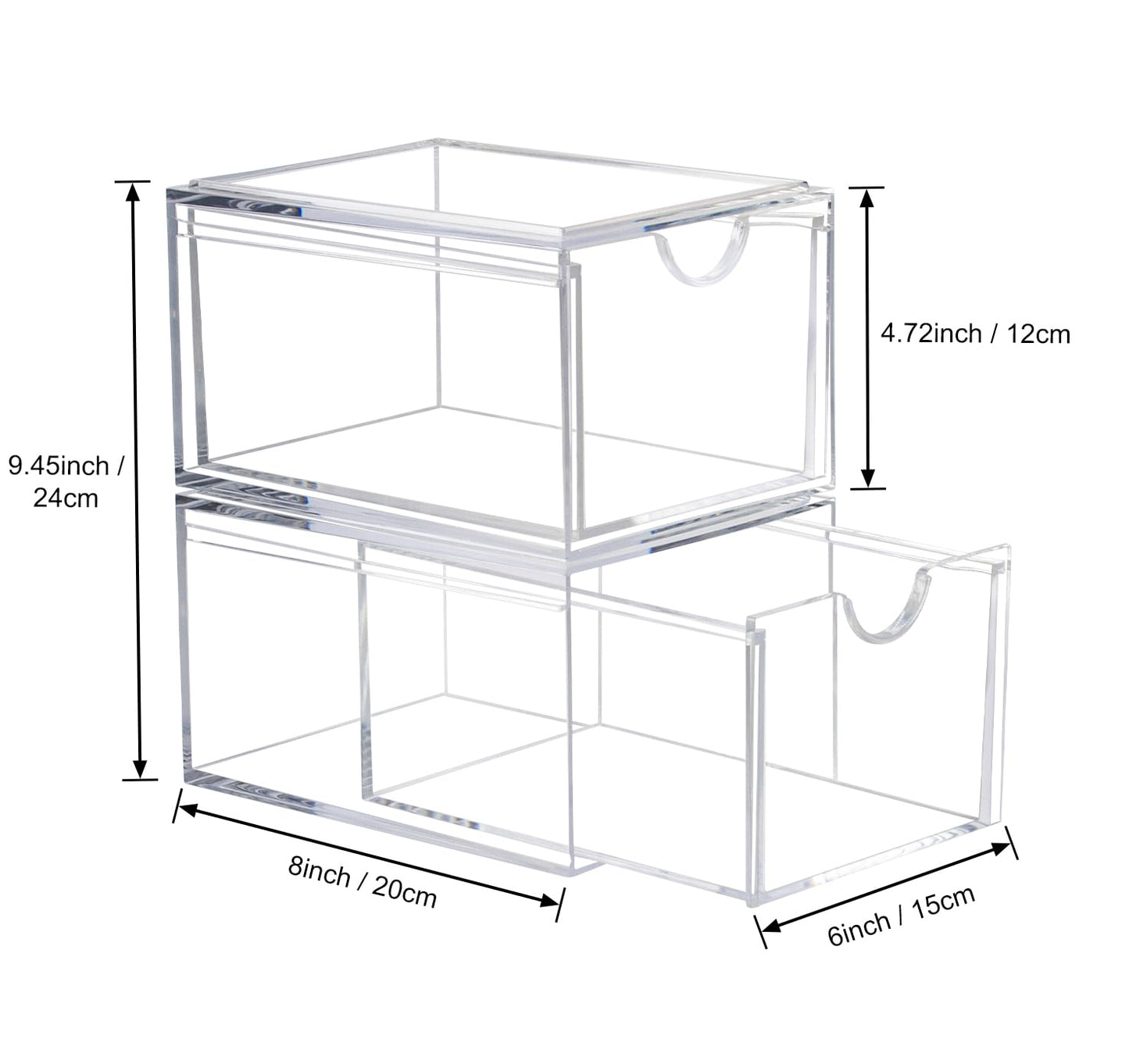 Set of 2 Clear Stackable Makeup Drawer Organizers – 6" x 8" x 4.6"