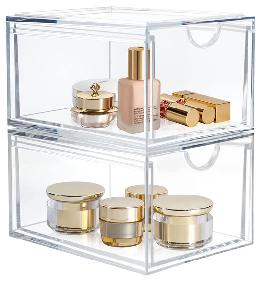 Set of 2 Clear Stackable Makeup Drawer Organizers – 6" x 8" x 4.6"