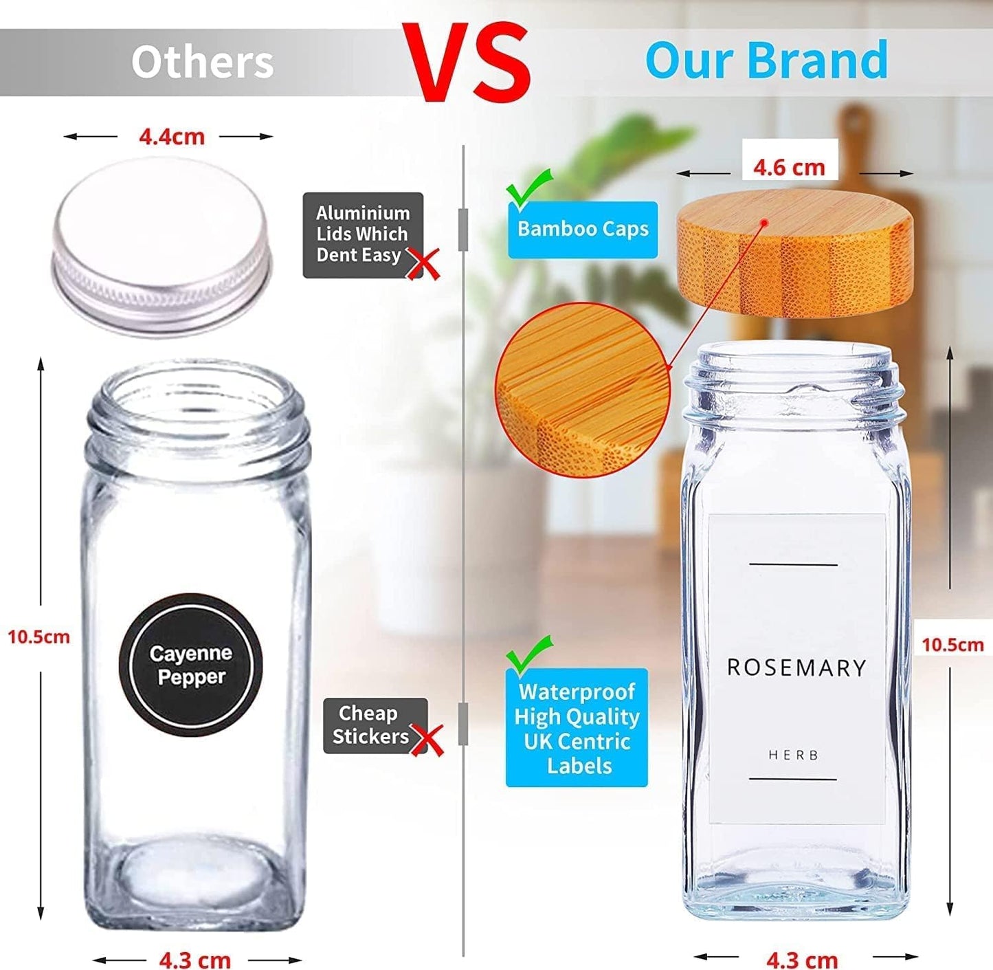 12-Piece Glass Spice Jar Set with Bamboo Lids & 287 Labels – Clear Bamboo Lid