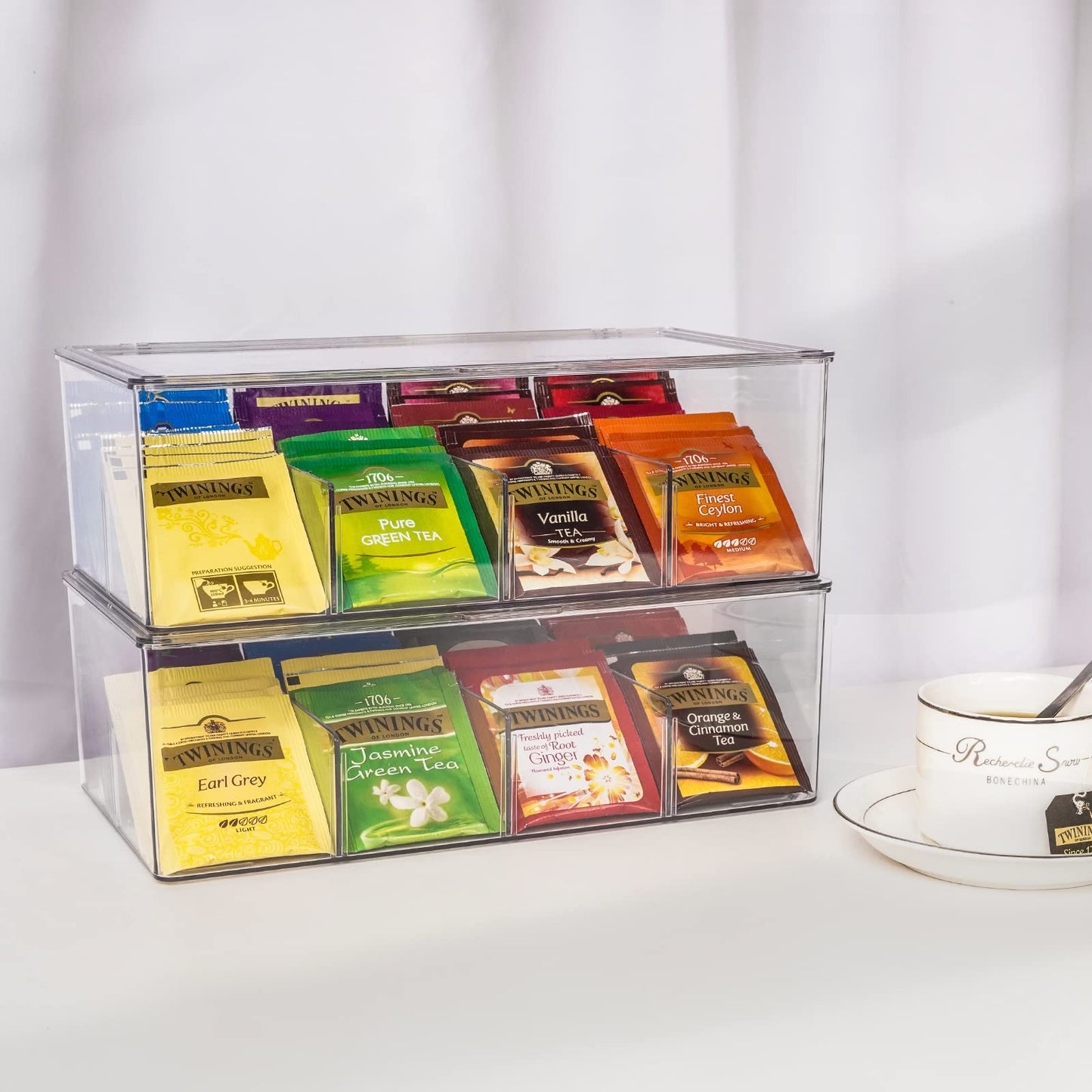 Clear Stackable Tea Box with Lid & Adjustable Dividers