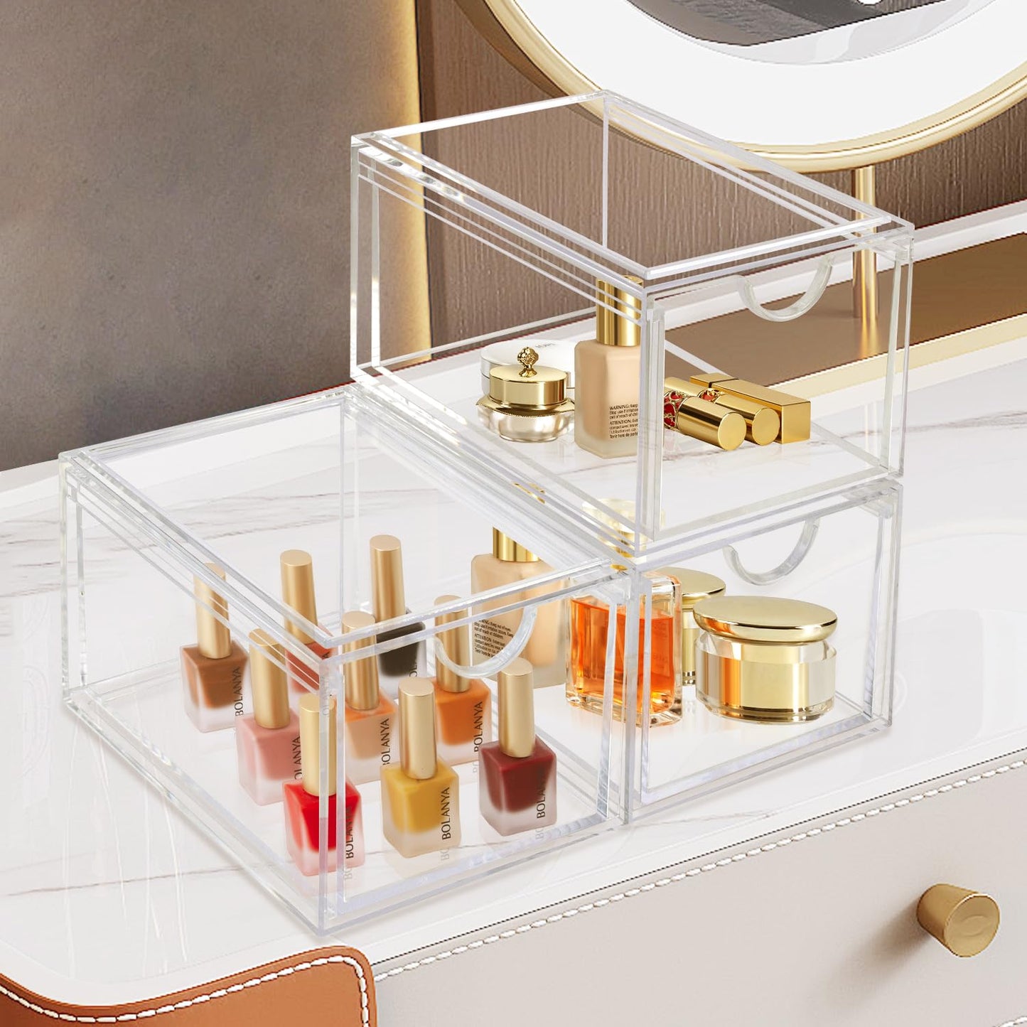 Set of 2 Clear Stackable Makeup Drawer Organizers – 6" x 8" x 4.6"