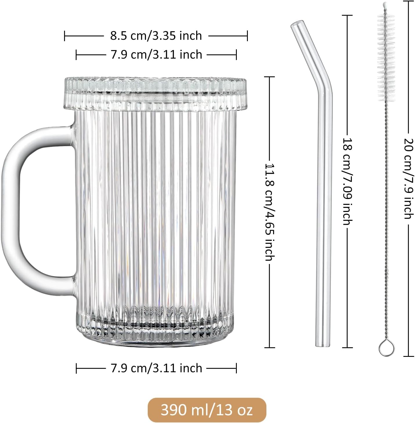 Ripple Glass Tumbler Set with Lids & Straws – 13oz (390ml)
