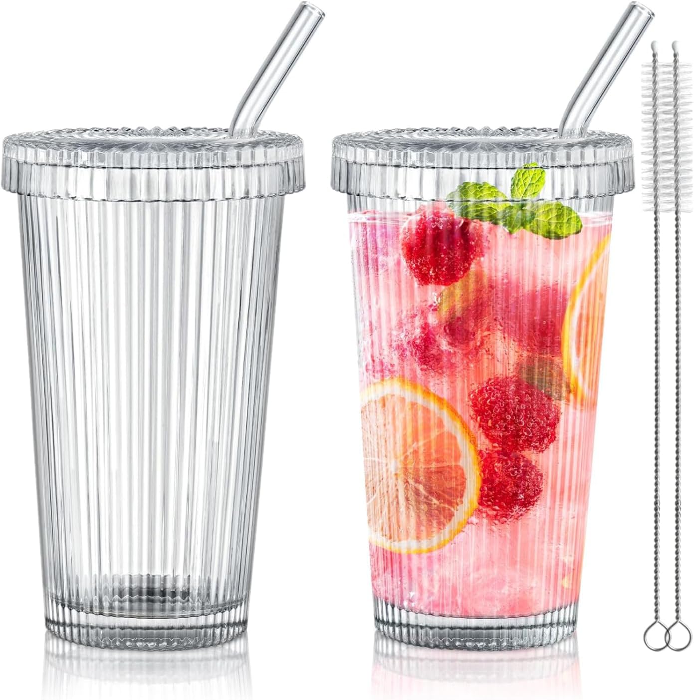 Ripple Glass Tumbler Set with Lids & Straws – 12.5oz (375ml)