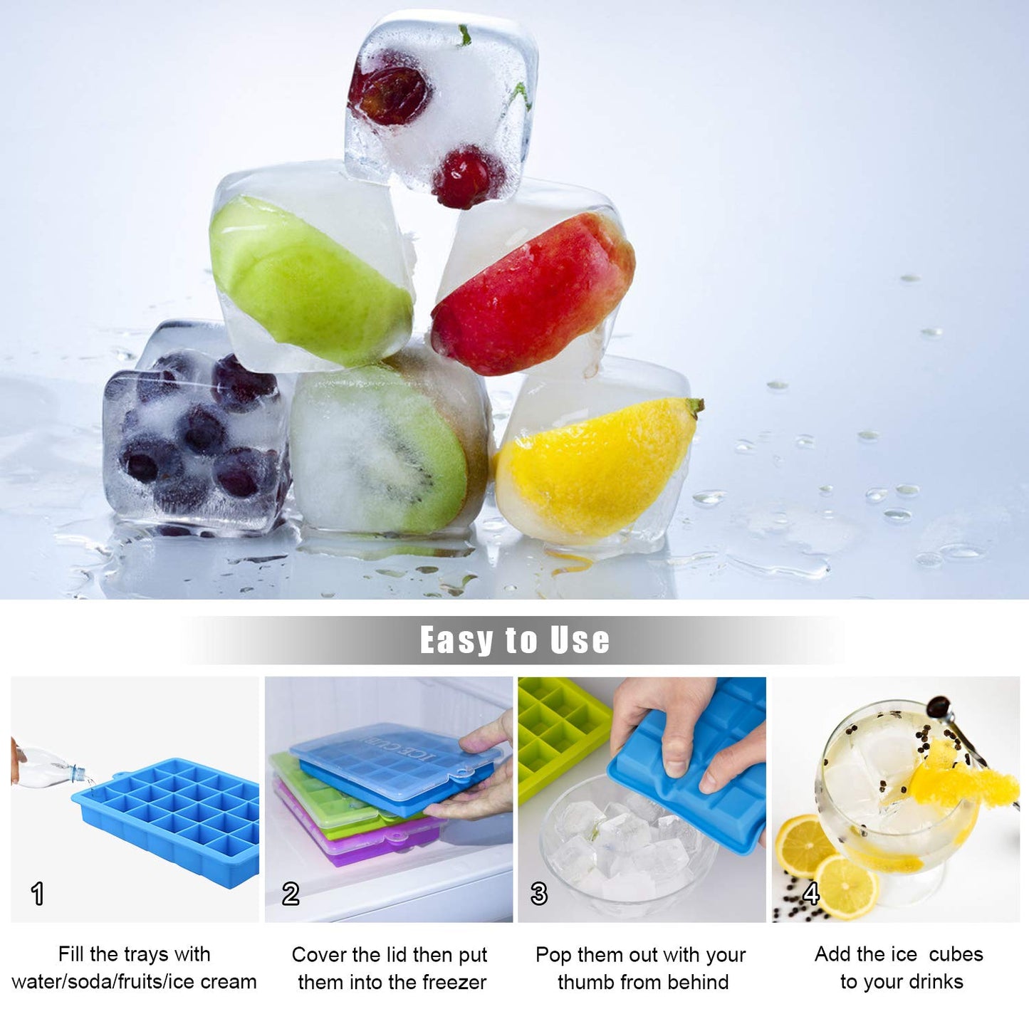 Silicone Ice Cube Tray Set – Food-Grade, Stackable with Lids