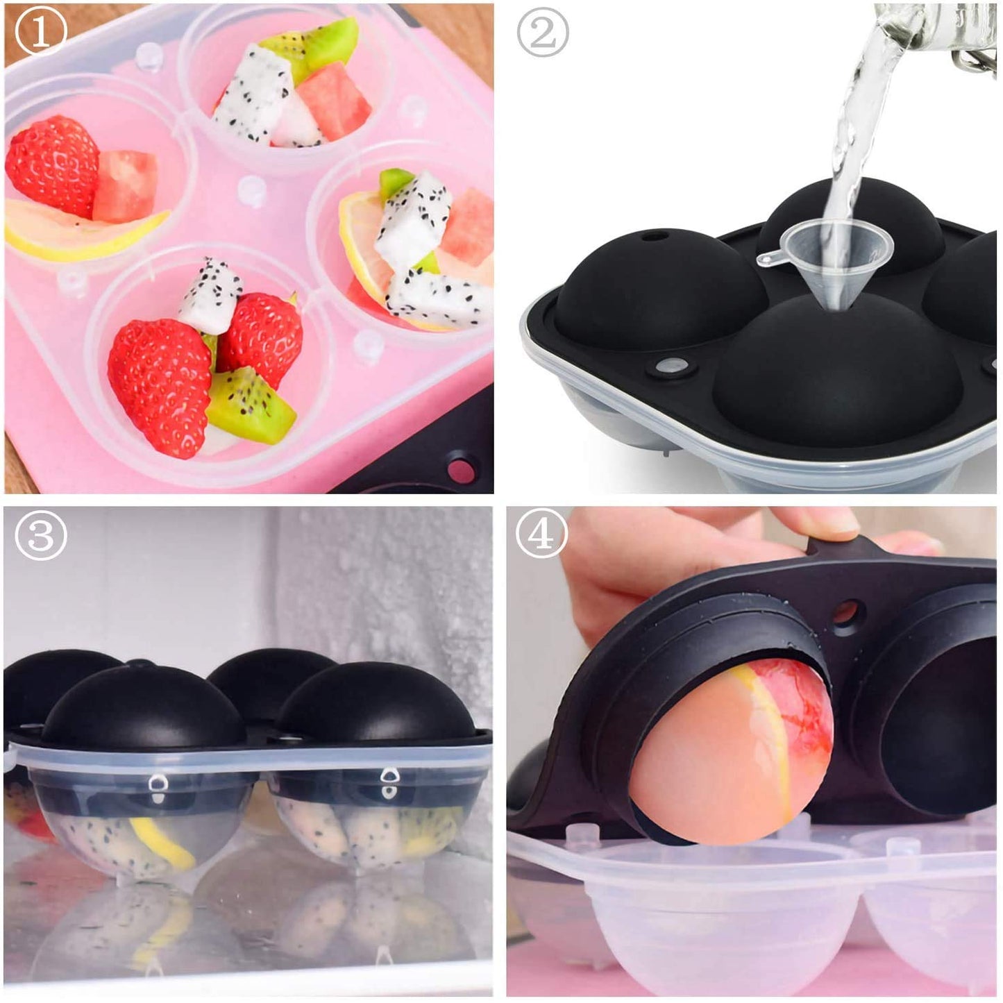 Large Round Ice Ball Mould – 4 x 6cm Spheres with Lid & Funnel (BPA-Free)
