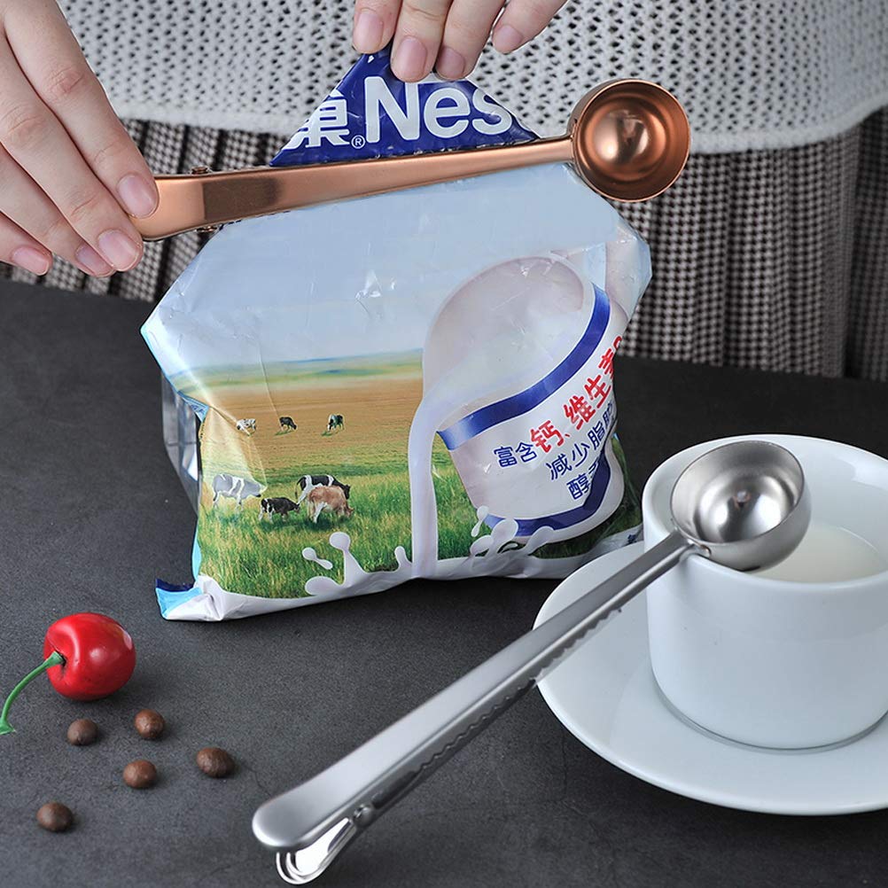 2PCS Coffee Scoop with Bag Clip, Stainless Steel Coffee Measuring Spoon Ground Coffee Sealer for cafetiere Ground Coffee and Beans(Silver+Rose Gold）