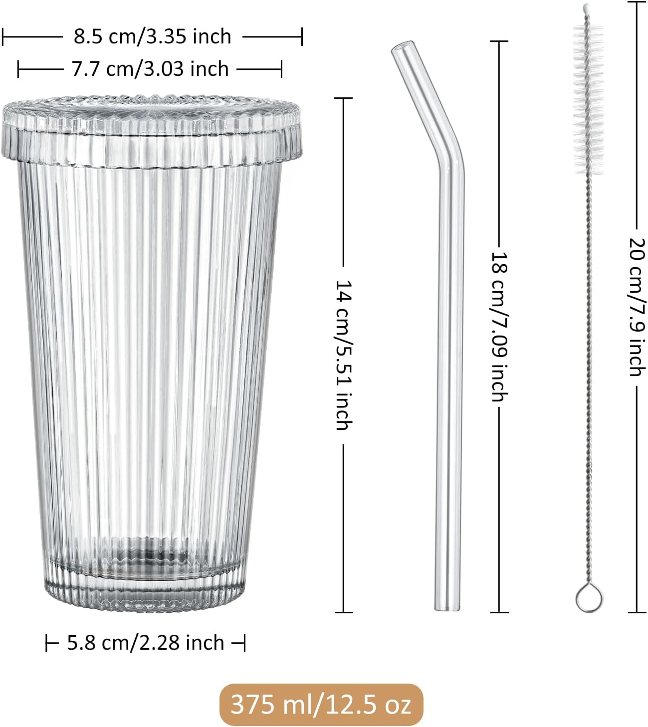 Ripple Glass Tumbler Set with Lids & Straws – 12.5oz (375ml)