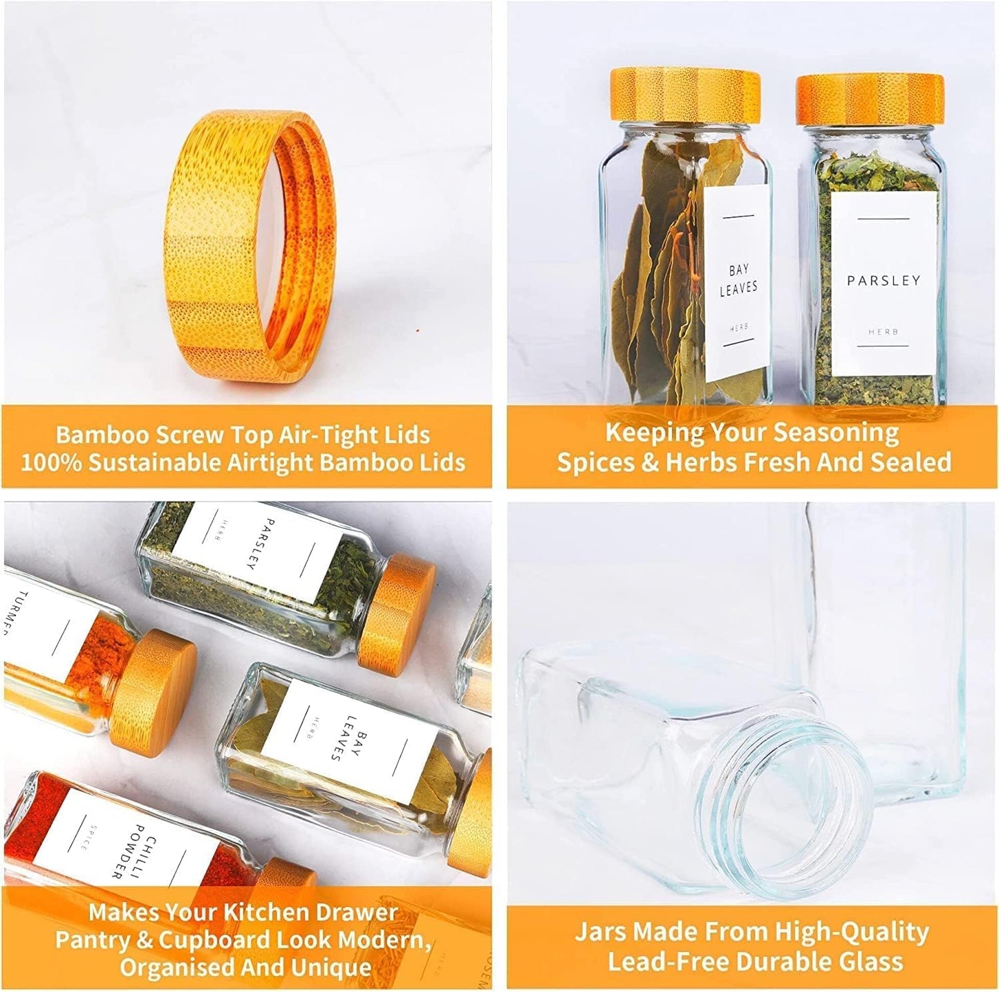 12-Piece Glass Spice Jar Set with Bamboo Lids & 287 Labels – Clear Bamboo Lid