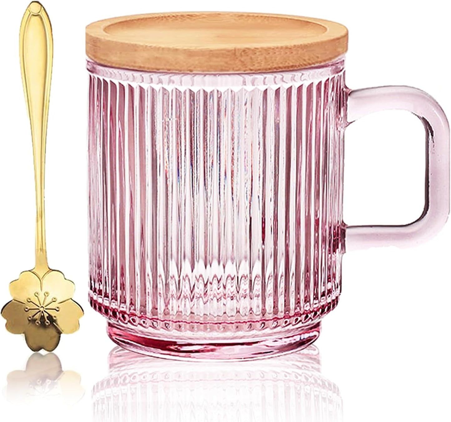 Iridescent Glass Cup Set – 350ml with Lid & Cherry Blossom Spoon