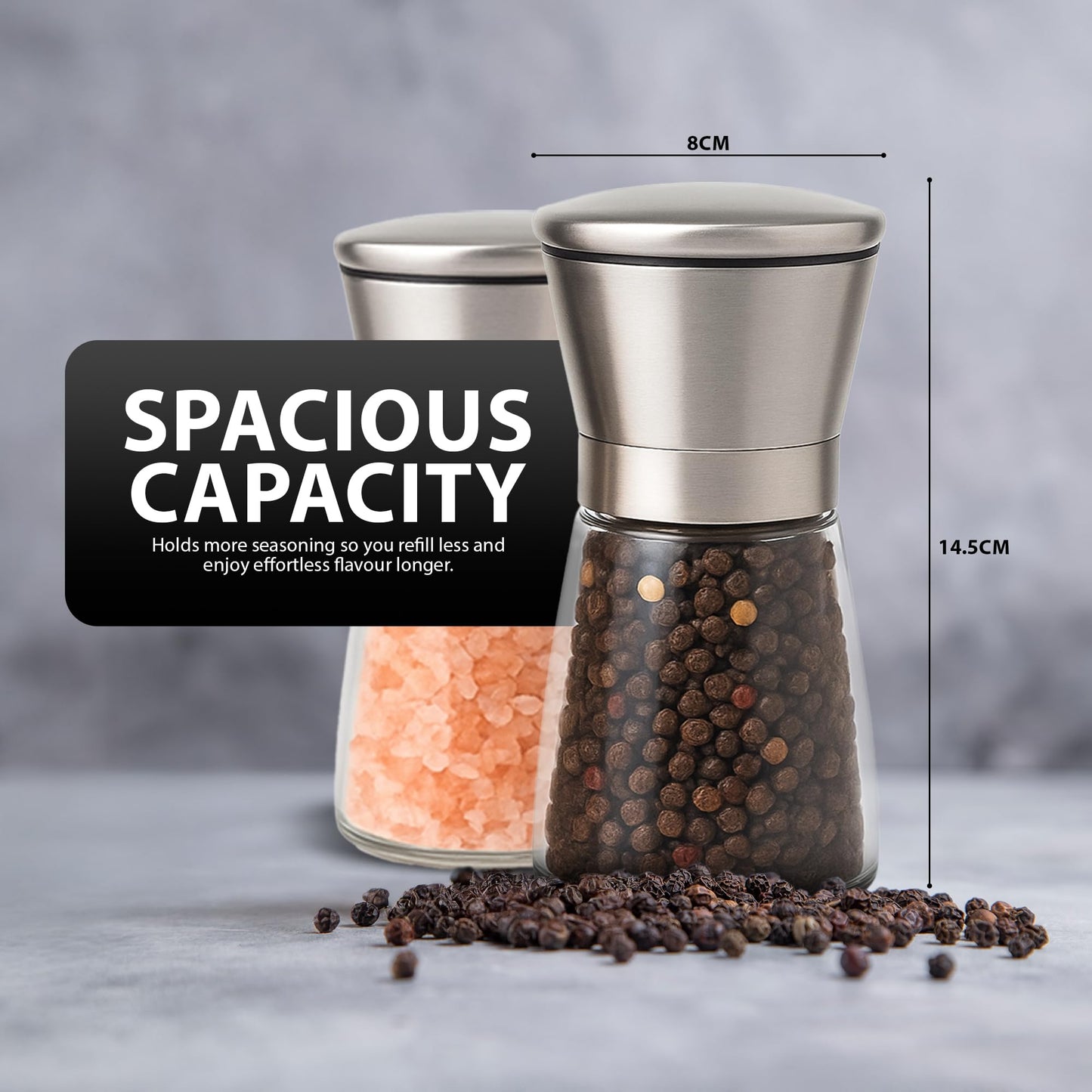 Silver Stainless Steel Salt & Pepper Grinder Set – Sleek, Adjustable & Built to Last