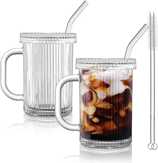Ripple Glass Tumbler Set with Lids & Straws – 13oz (390ml)