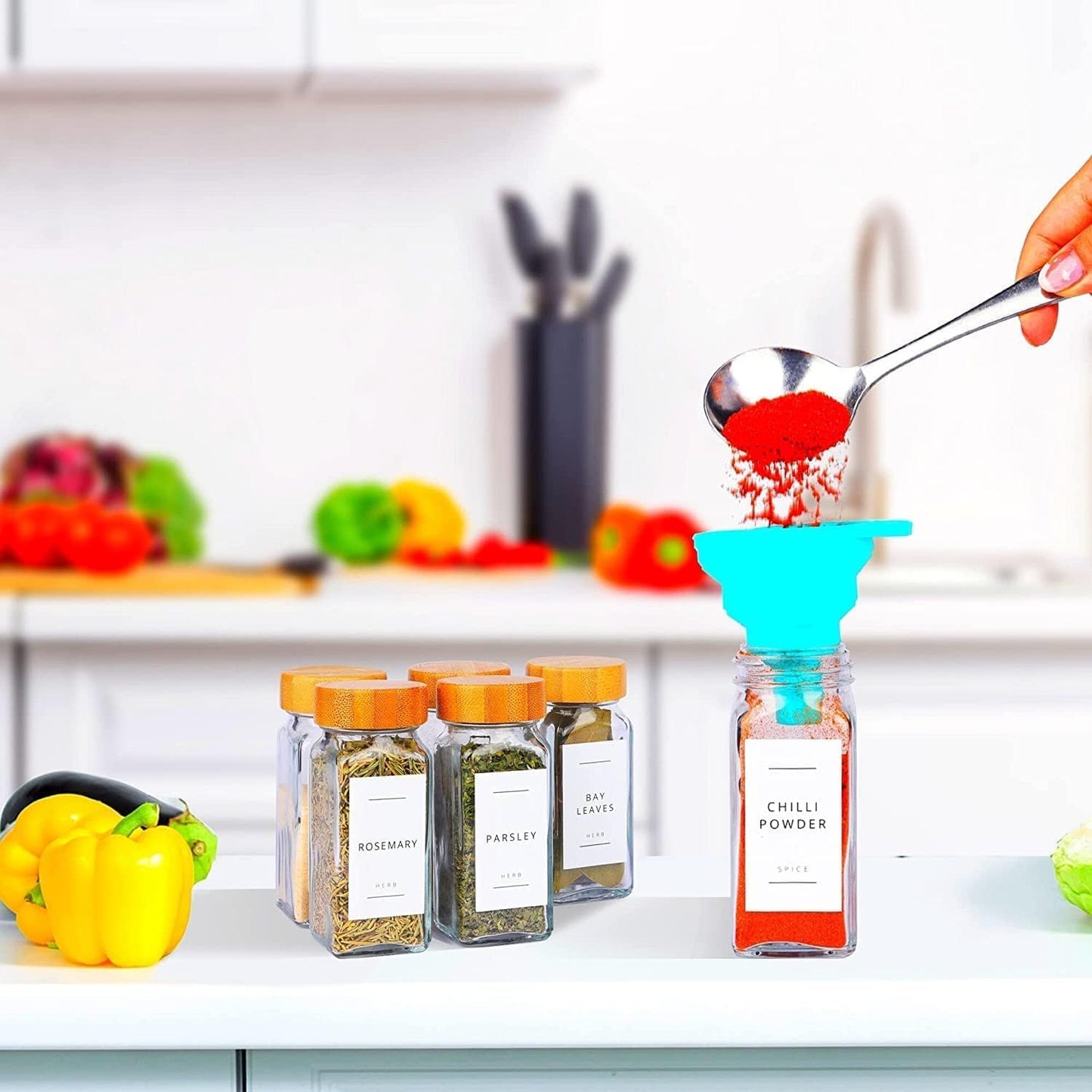 12-Piece Glass Spice Jar Set with Bamboo Lids & 287 Labels – Clear Bamboo Lid