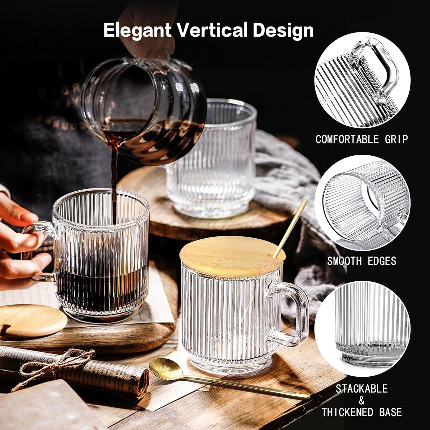 12oz Ribbed Glass Coffee Mug Set – Elegant, Durable & Gift-Ready