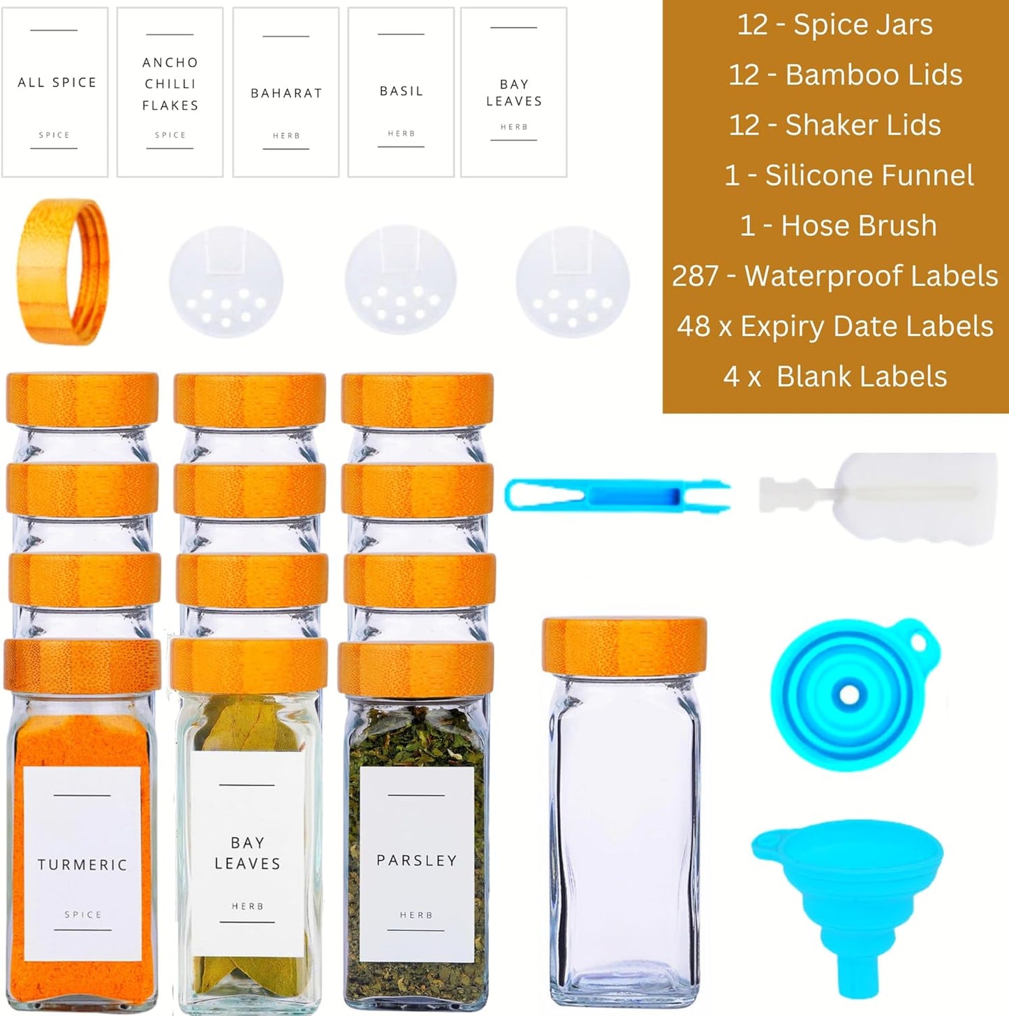 12-Piece Glass Spice Jar Set with Bamboo Lids & 287 Labels – Clear Bamboo Lid