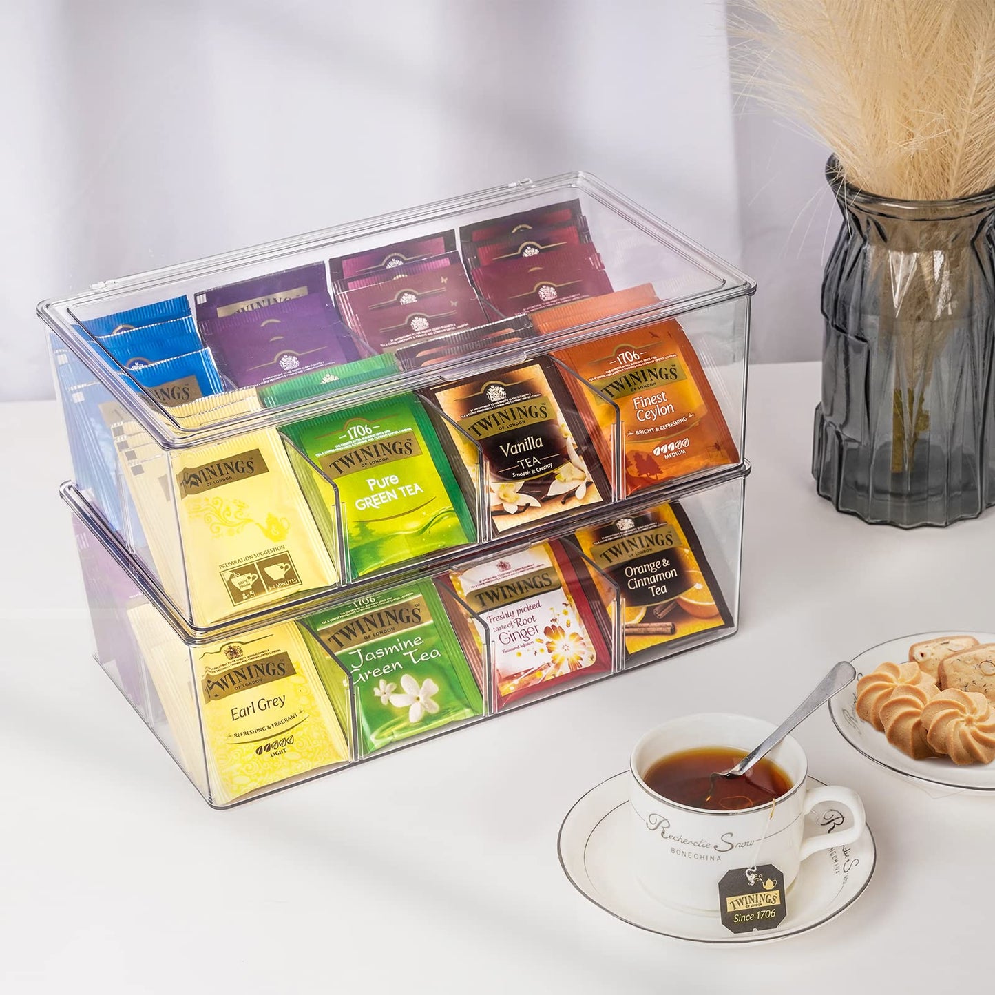 Clear Stackable Tea Box with Lid & Adjustable Dividers