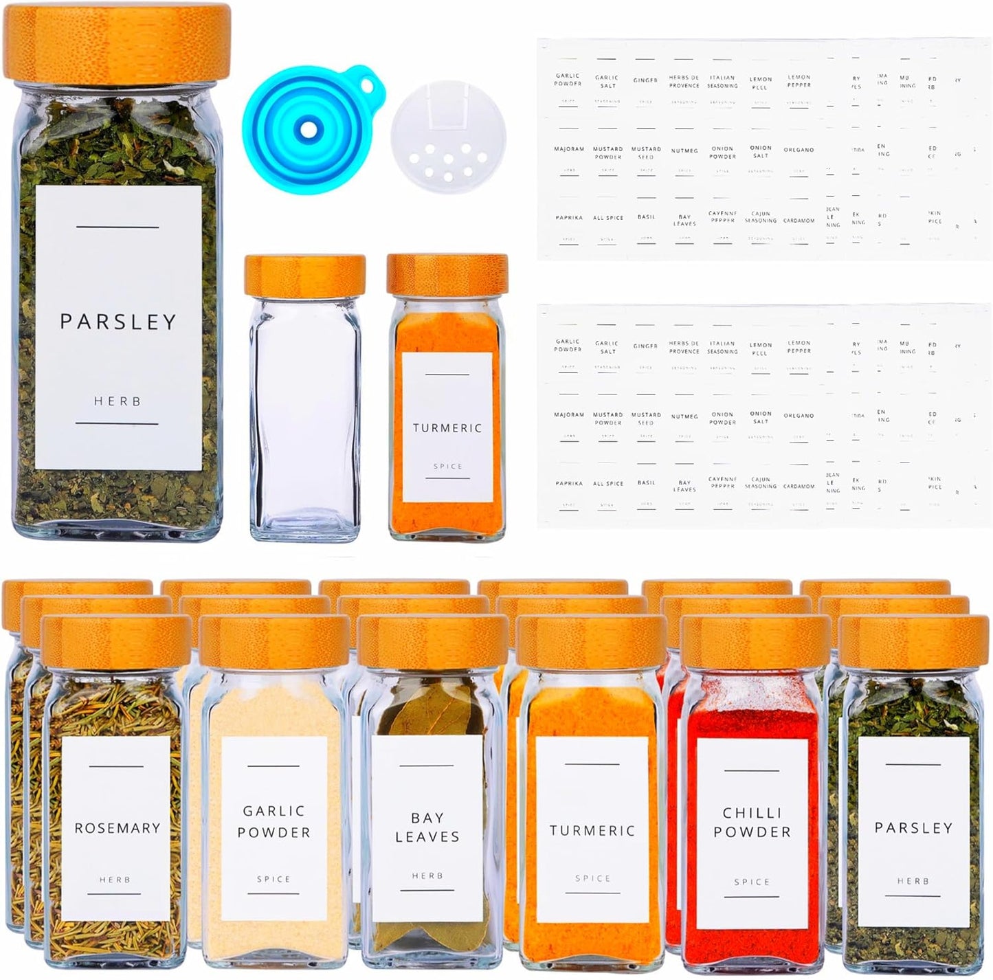12-Piece Glass Spice Jar Set with Bamboo Lids & 287 Labels – Clear Bamboo Lid