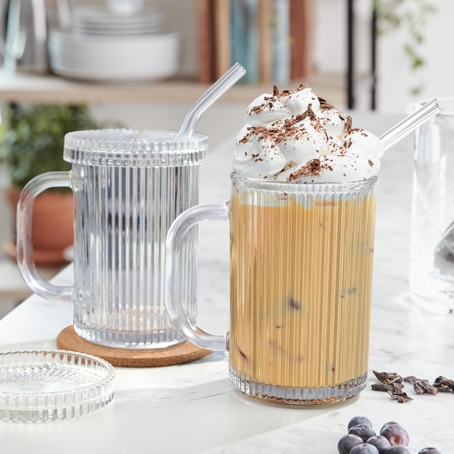 Ripple Glass Tumbler Set with Lids & Straws – 13oz (390ml)