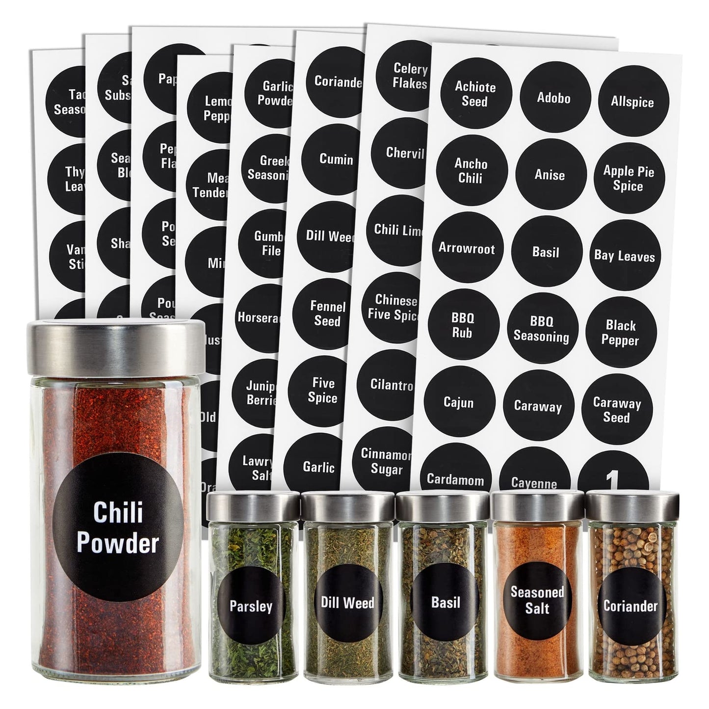 144 Round Spice Jar Labels – Black with White Text