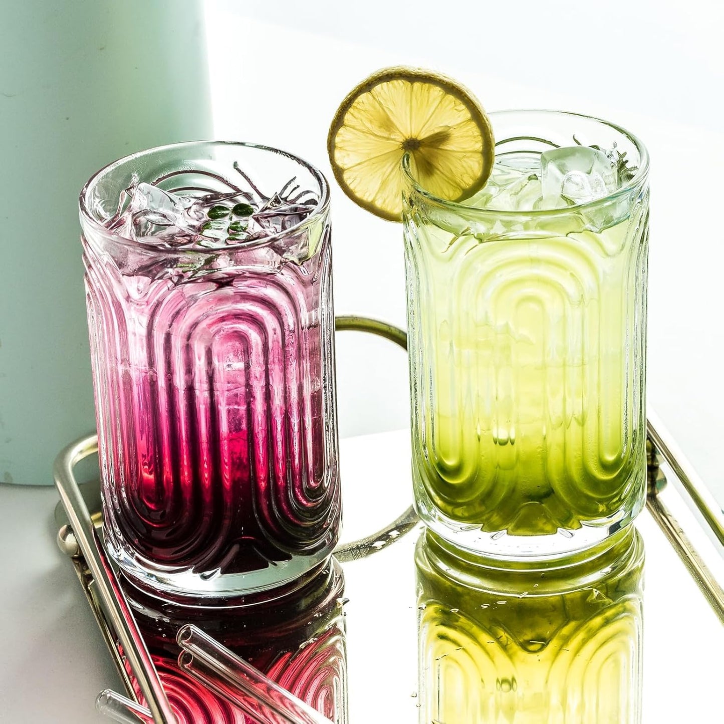 Vintage Ribbed Highball Glasses – Set of 14 oz Cocktail Tumblers