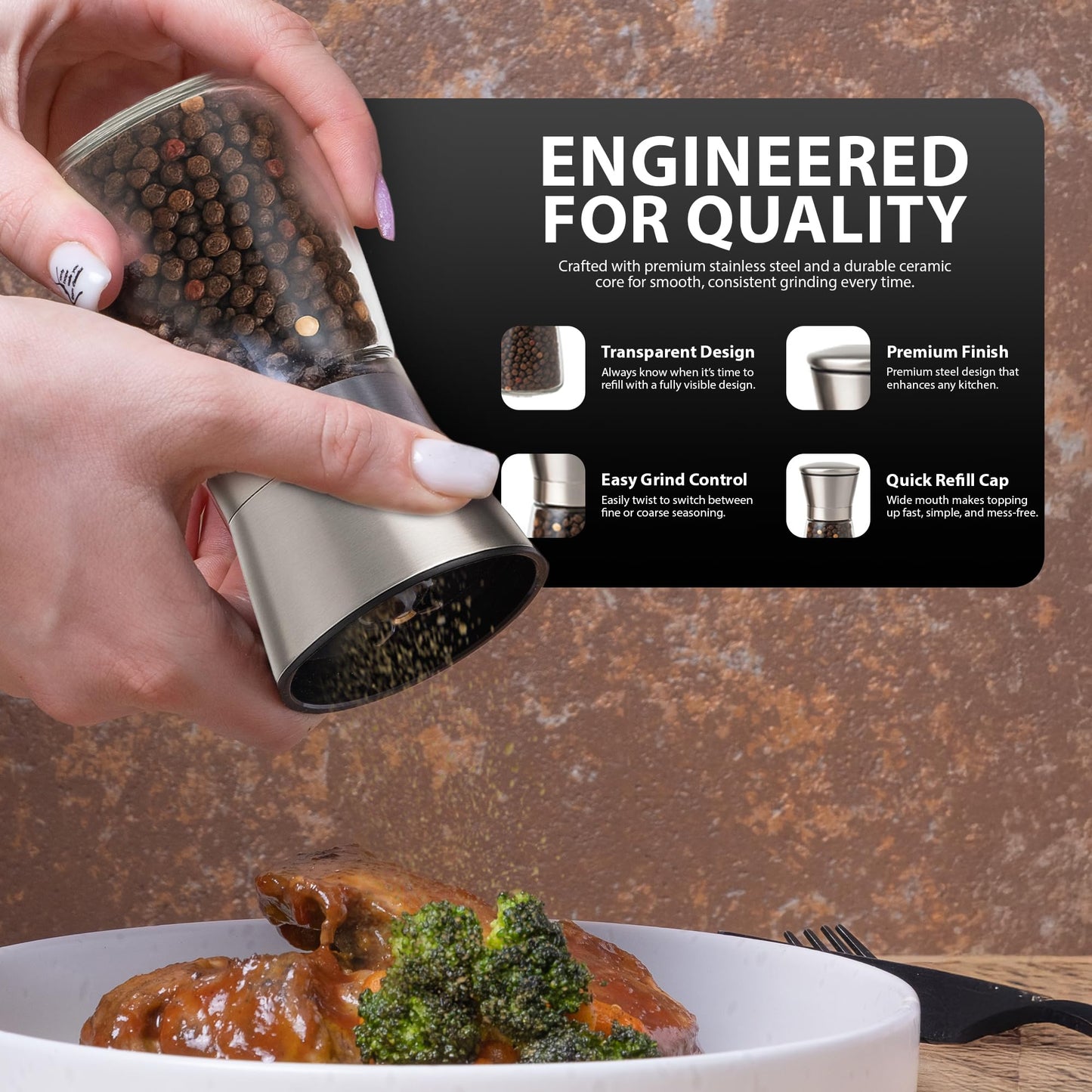 Silver Stainless Steel Salt & Pepper Grinder Set – Sleek, Adjustable & Built to Last