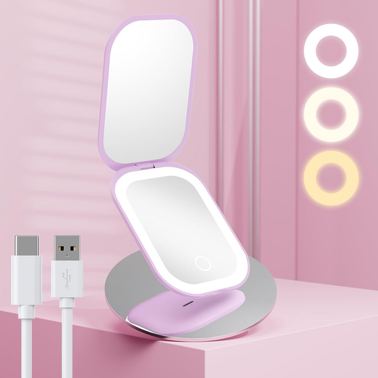GlamLite Mini – Ultra Slim Folding Mirror with 3 Light Settings & 3X Magnifier